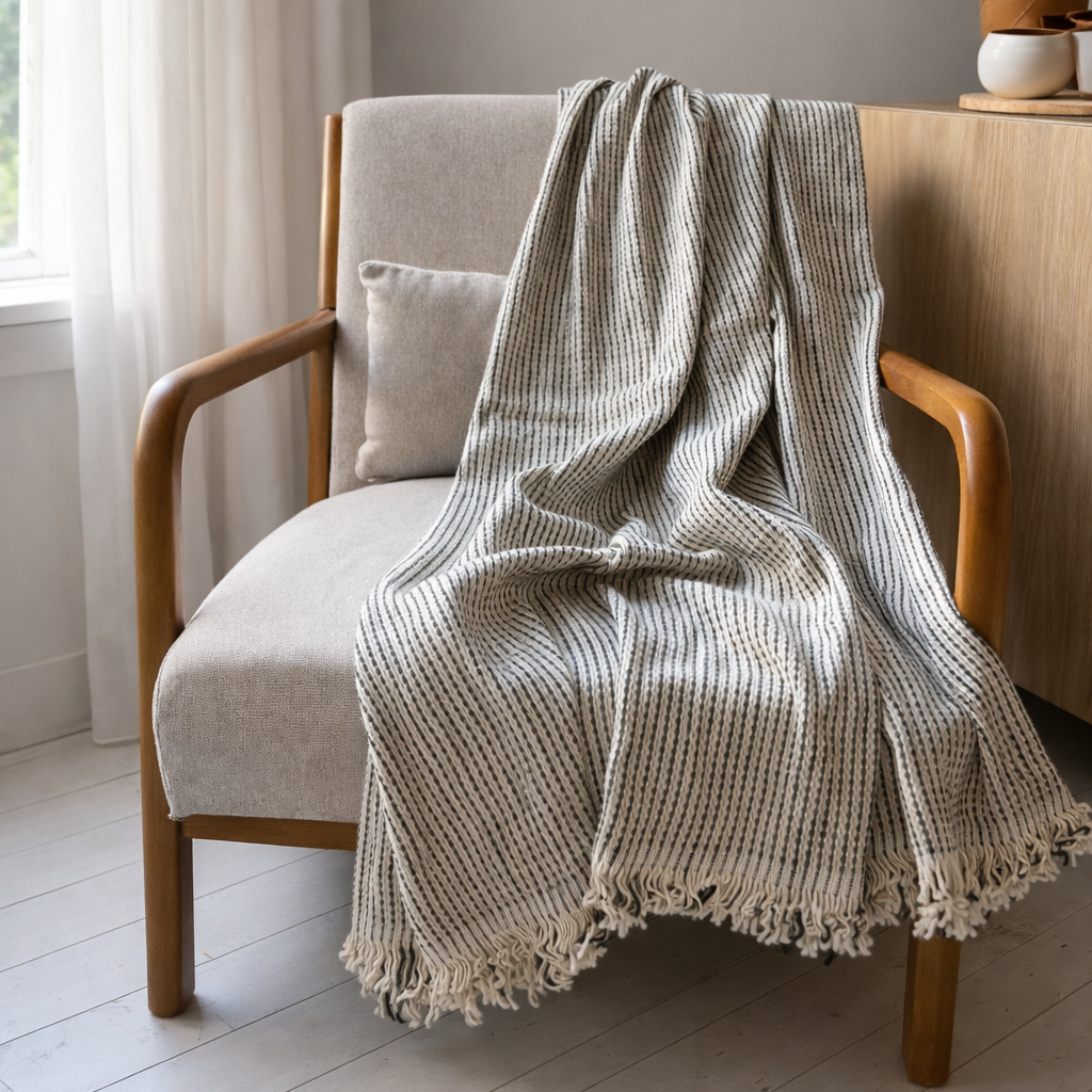 Textured Handwoven Cotton Blanket | Black & Natural Weave